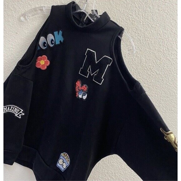 womens varsity y2k sweater black patches hip hop cold shoulder S - Picture 5 of 5